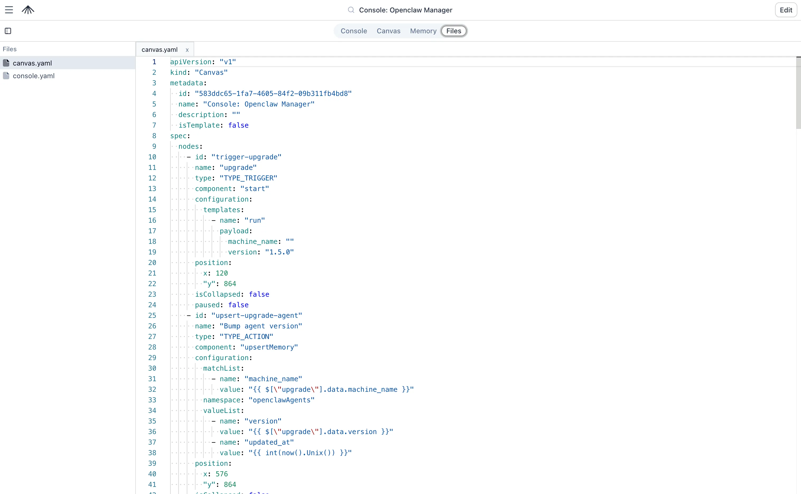 Openclaw Manager Files tab showing canvas.yaml in the editor with workflow nodes and subscriptions