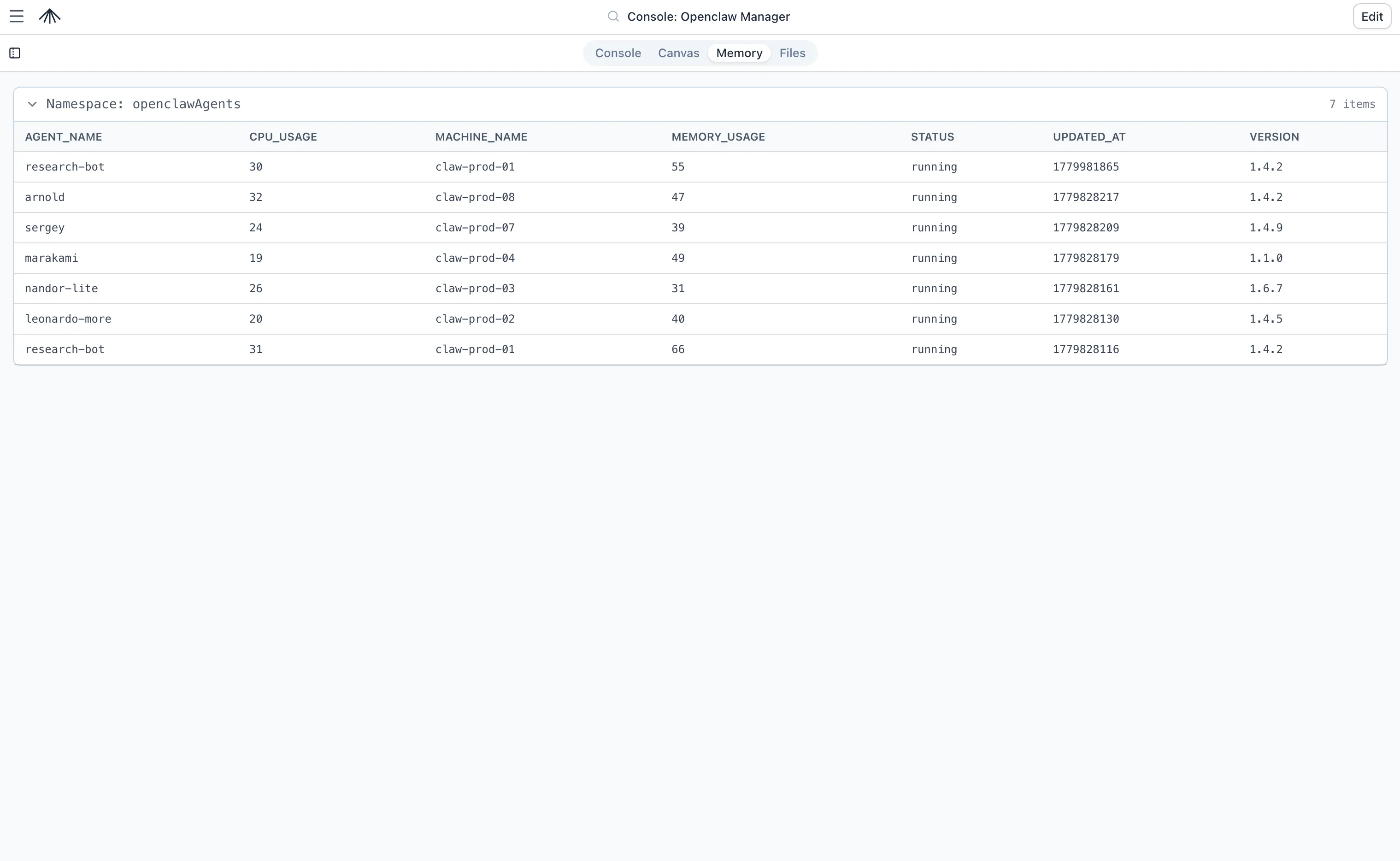 Openclaw Manager memory view showing openclawAgents namespace with agent rows and JSON fields